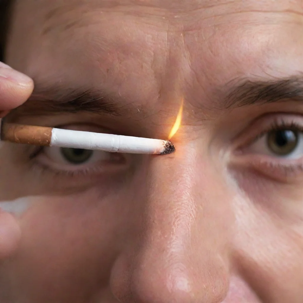 aitrending extreme close up of lit cigarette being pushed into forehead good looking fantastic 1