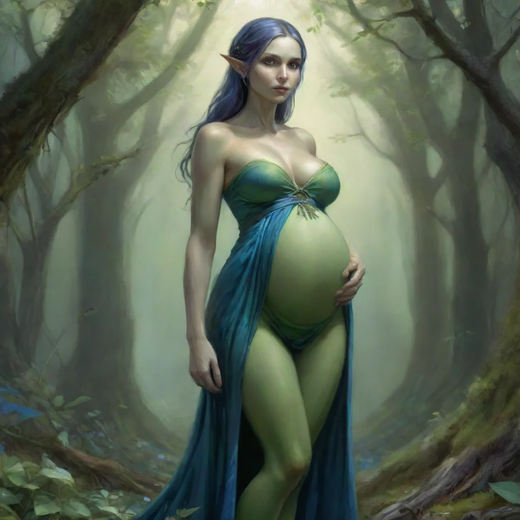 trending fantasy art  a slender female elf with a pregnant like struggle filled belly 4 feet in diameter. dressed in a tight fitting dress of blue and green. good looking fantastic 1
