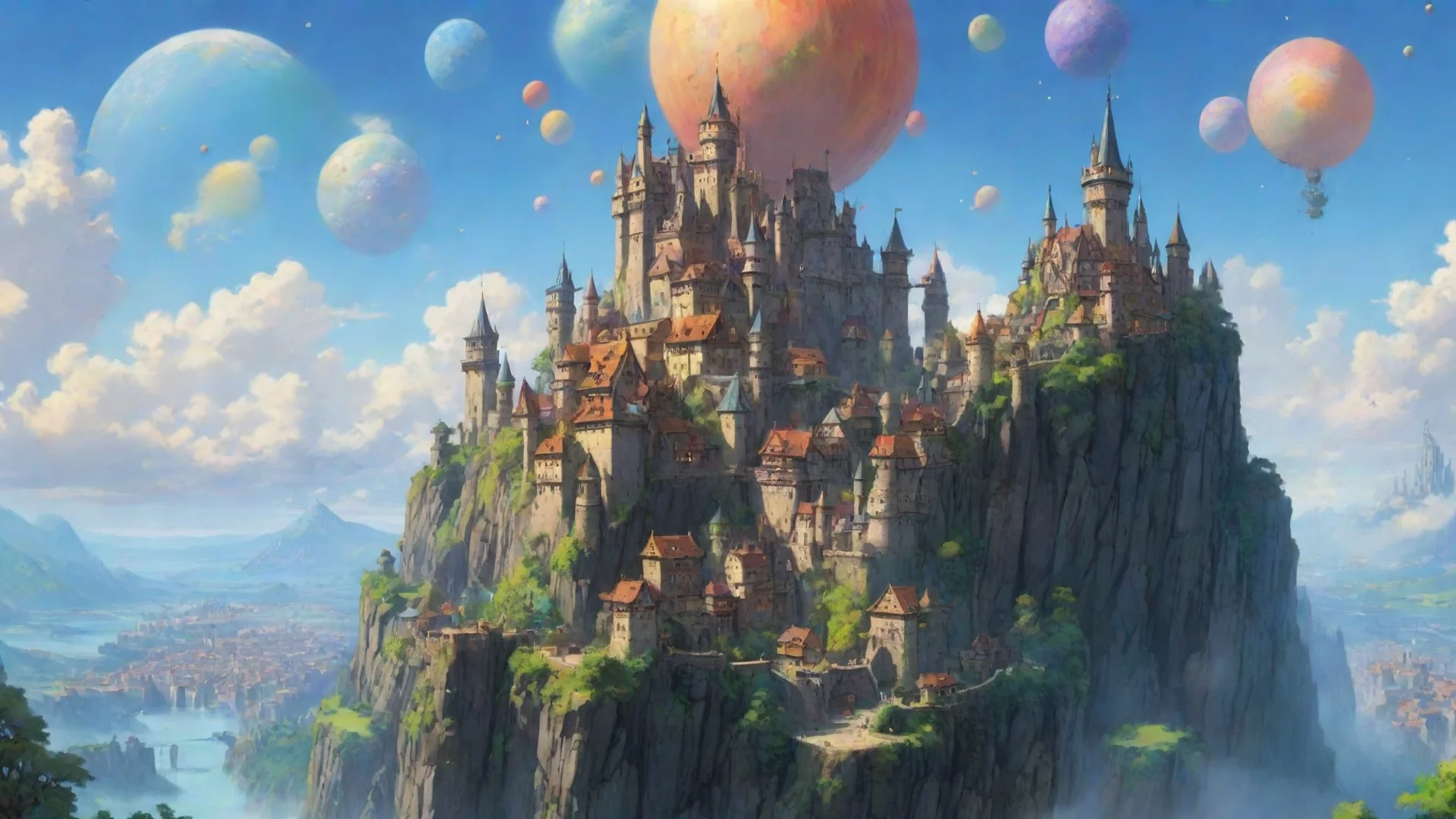 trending fantasy art ghibli miyazaki hd best quality aesthetic flying castle colorful planets city fortress  good looking fantastic 1 wide