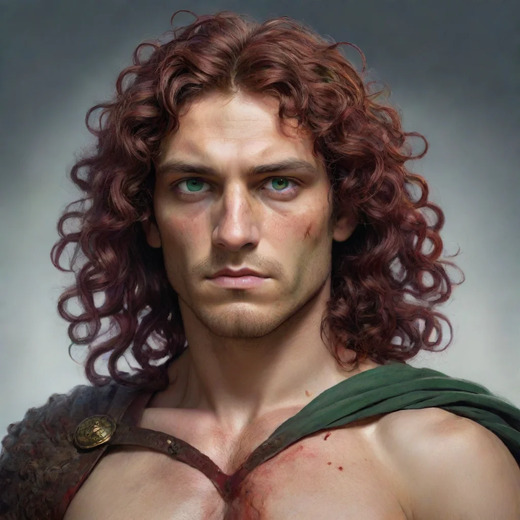aitrending fantasy portrait of a greek man with green eyes and curly%2C shoulder length brown hair with crimson scars that go the length of his arms good looking fantastic 1