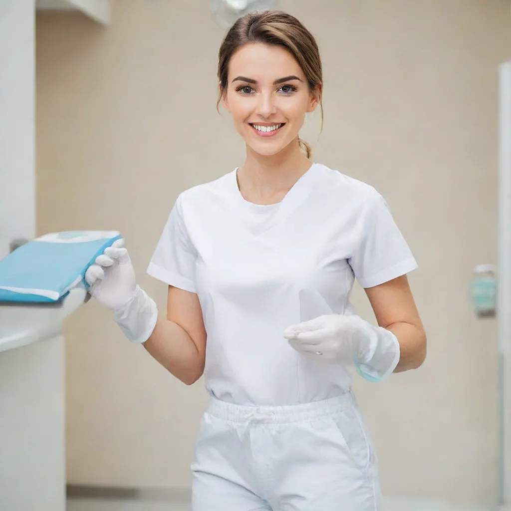 trending female dentist in white t shirt and white pants in gloves good looking fantastic 1