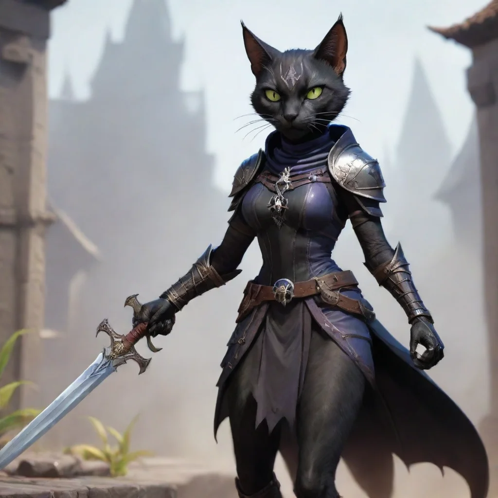 aitrending female tabaxi black cat with sword and drow scale armor with spider symbol good looking fantastic 1