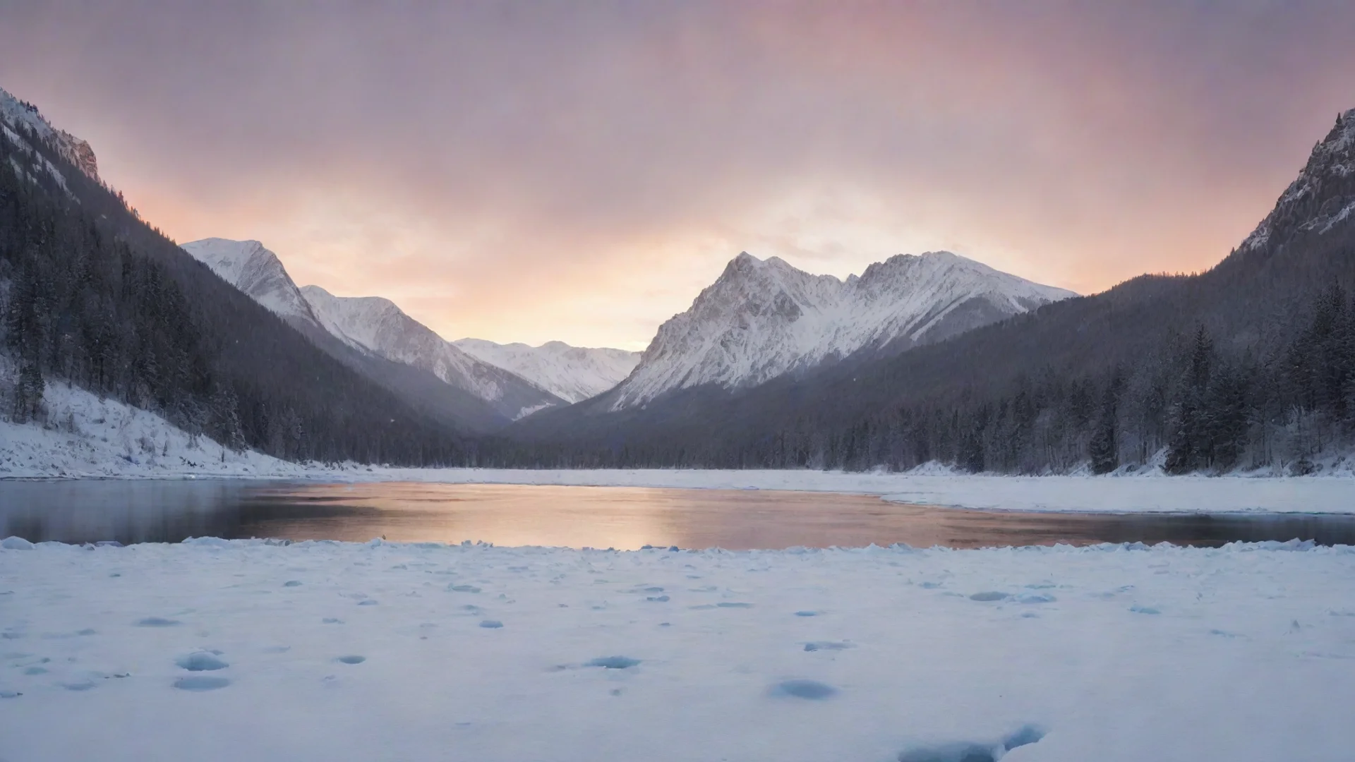 aitrending frozen lake with snow falling down in a mountainous background and during a sunset good looking fantastic 1 wide
