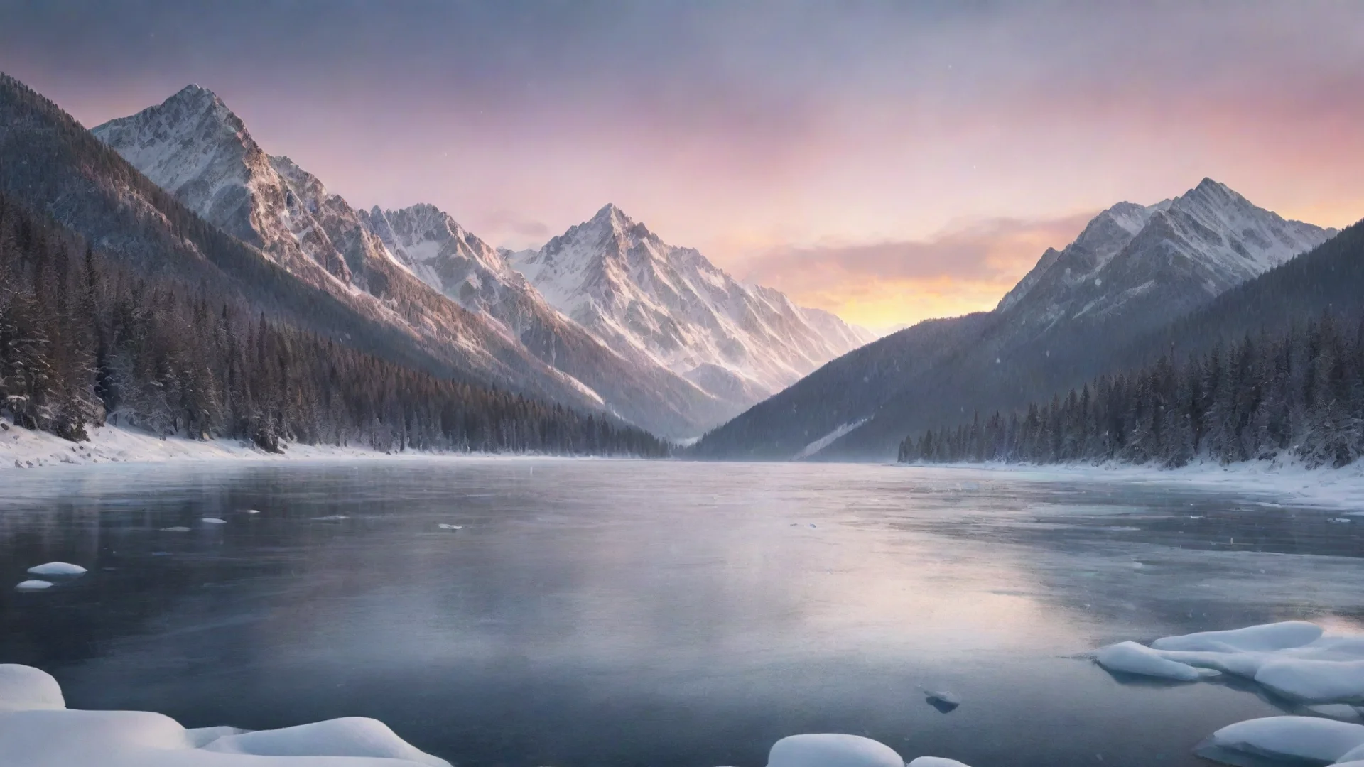 trending frozen lake with snow falling down in a mountainous background and during a sunset in a graphical design good looking fantastic 1 wide