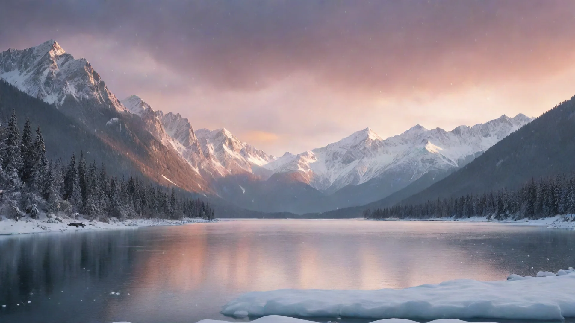 trending frozen lake with snow falling down in a mountainous background and during a sunset in graphic design good looking fantastic 1 wide