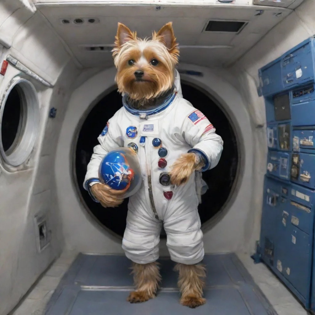 trending full body standing on two foot yorkshire terrier astronaut holding a nasa helmet under his arm  inside a spaceship good looking fantastic 1