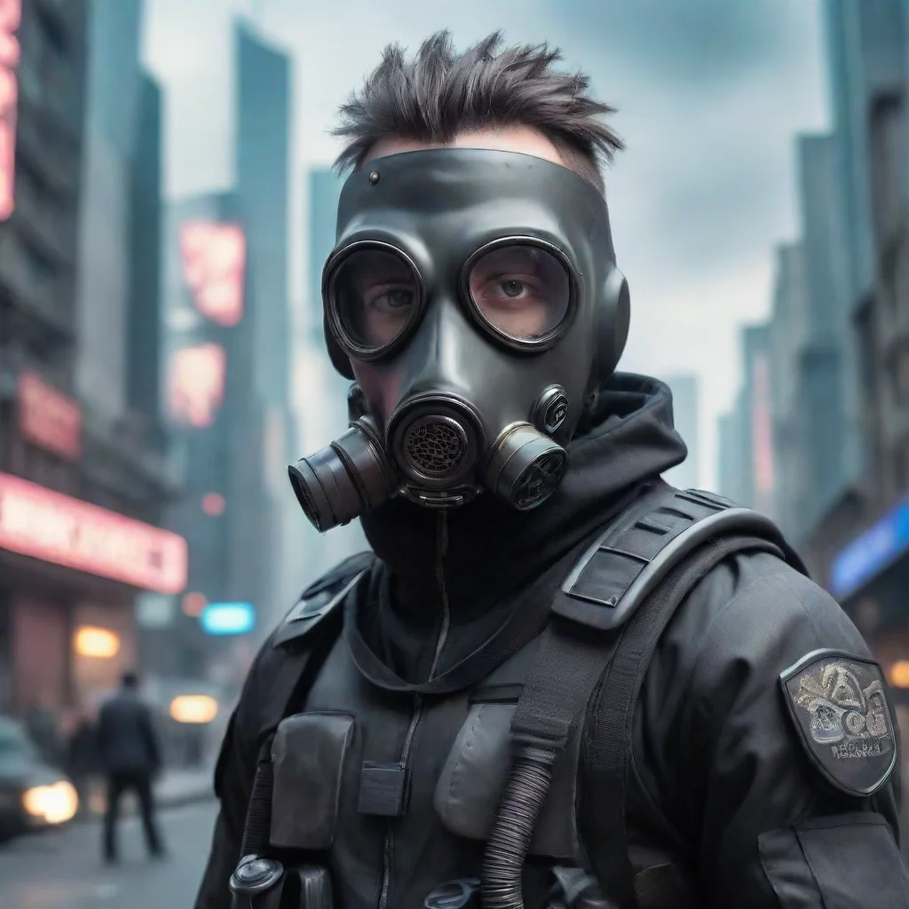 aitrending future cyber punk police man wearing gas mask in a large city with cartoon style good looking fantastic 1