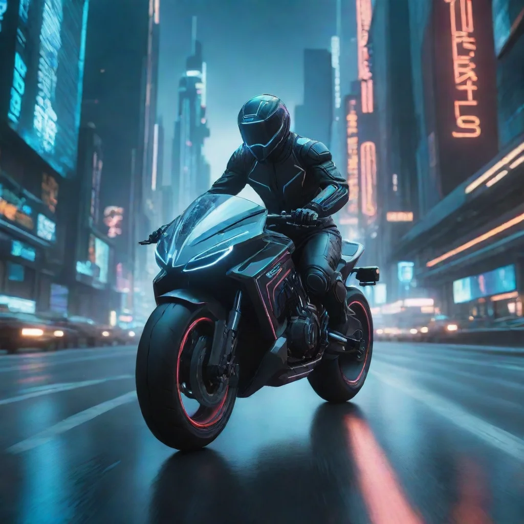 trending futuristic cyberpunk motorcycle dashing down the highway towards a futuristic city in the style of tron good looking fantastic 1