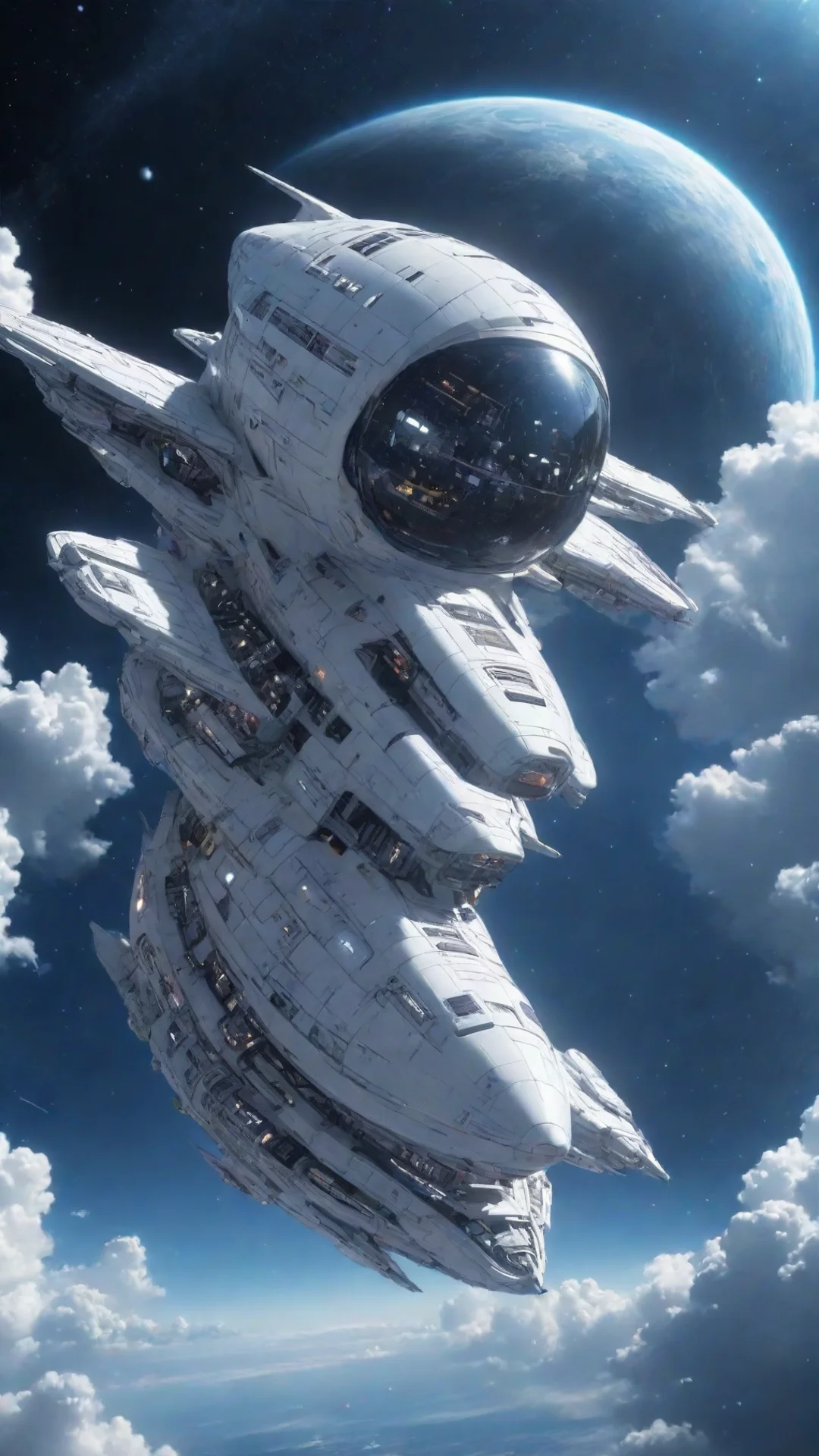trending futuristic space ship in the sky in the style of manga good looking fantastic 1 tall