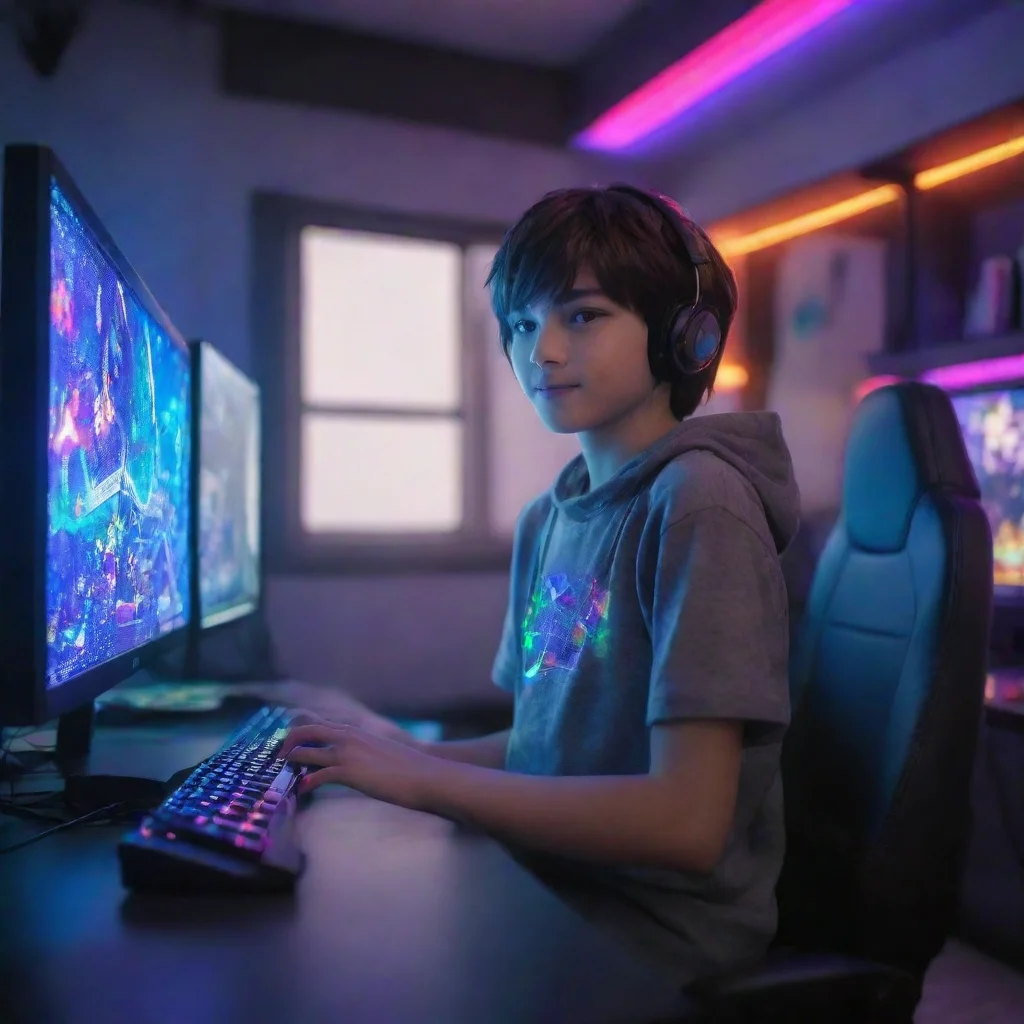 trending gamer boy anime about 13 years old playing a modern gaming pc. the room his colorful leds lighting up the room. the boy is happy. the room should be bright and colorful good looking