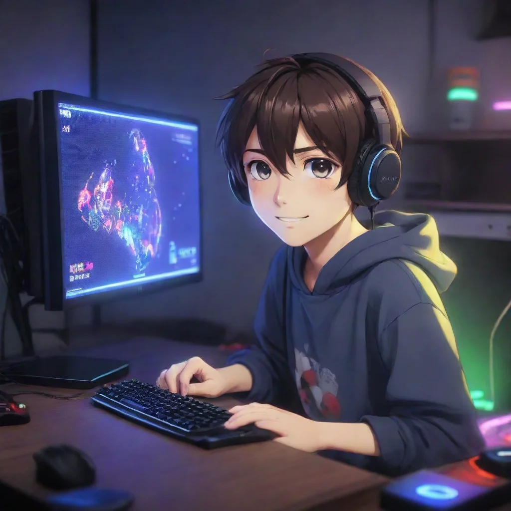 trending gamer boy anime cartoon playing a gaming pc. the room his colorful leds. the boy is happy good looking fantastic 1