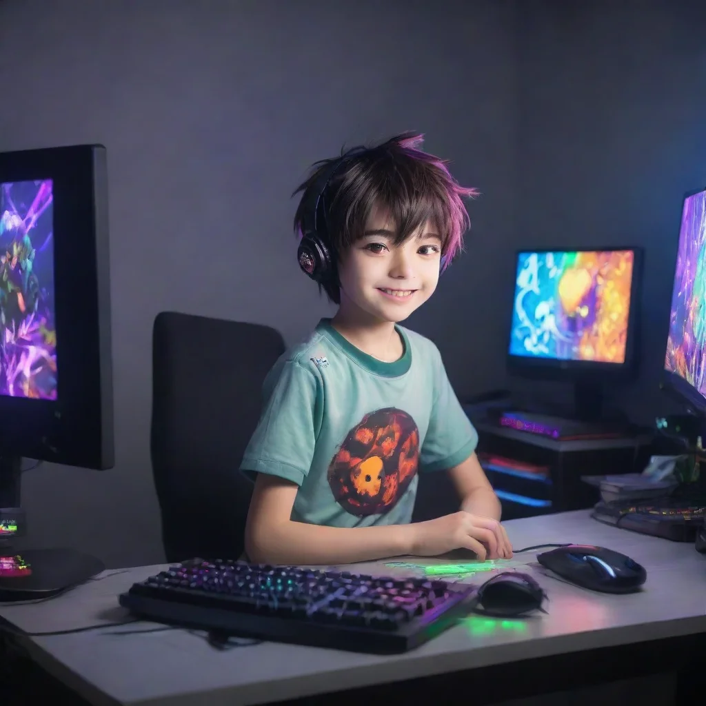 aitrending gamer boy anime cartoon playing a modern gaming pc. the room his colorful leds. the boy is happy good looking fantastic 1