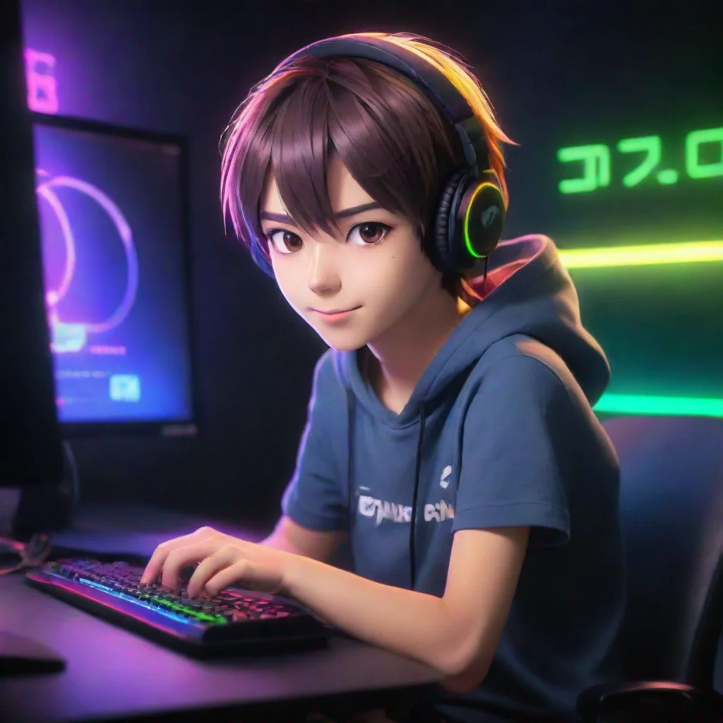 aitrending gamer boy anime cartoon sitting at a gaming pc and colorful led lighting. make it bright and fun and make him look happy good looking fantastic 1