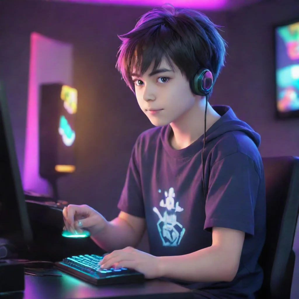 aitrending gamer boy with a zero fade haircut anime cartoon playing a gaming pc in a room lit up by bright and colorful led lighting good looking fantastic 1