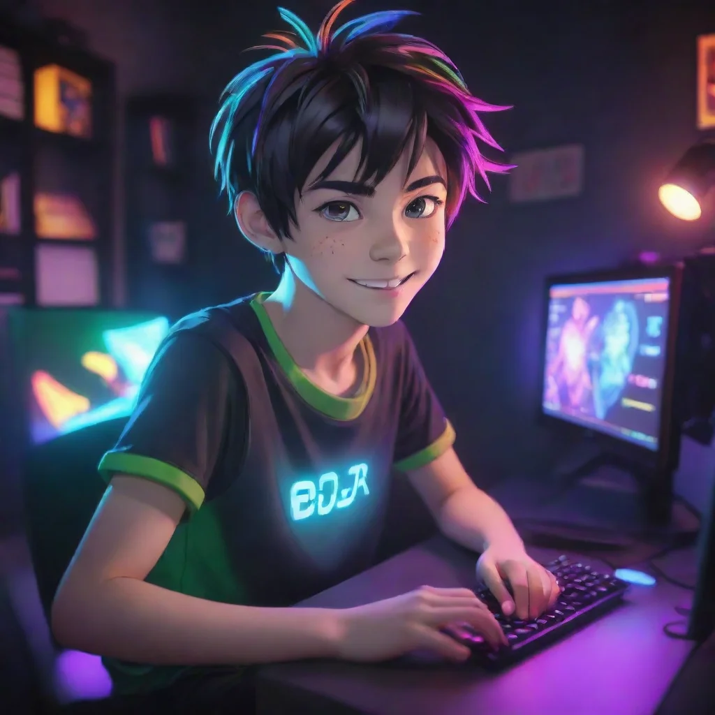 trending gamer boy with a zero fade haircut anime cartoon playing a gaming pc in a room lit up by bright and colorful led lighting. the boy looks happy good looking fantastic 1