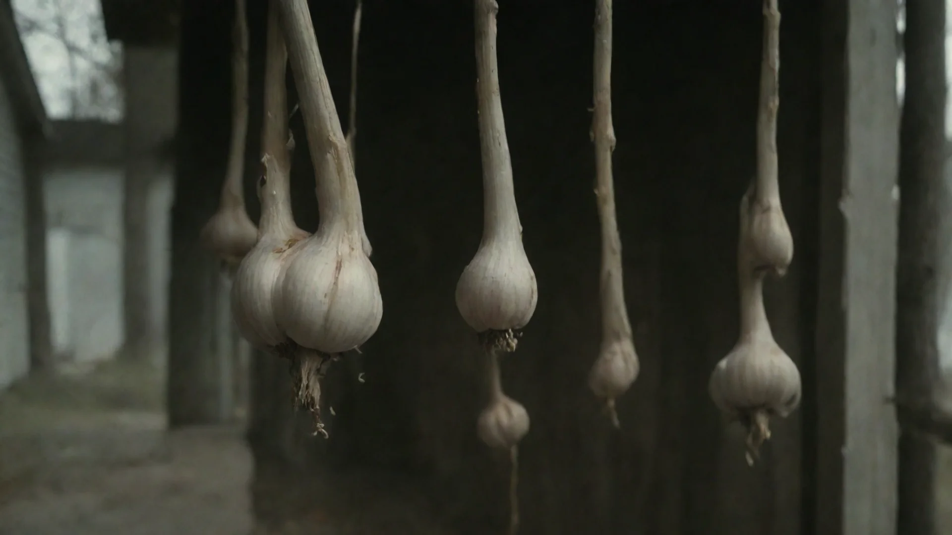 trending garlic hanging on old portch 1800s spooky epic shot cinematic garlic hanging up good looking fantastic 1 wide
