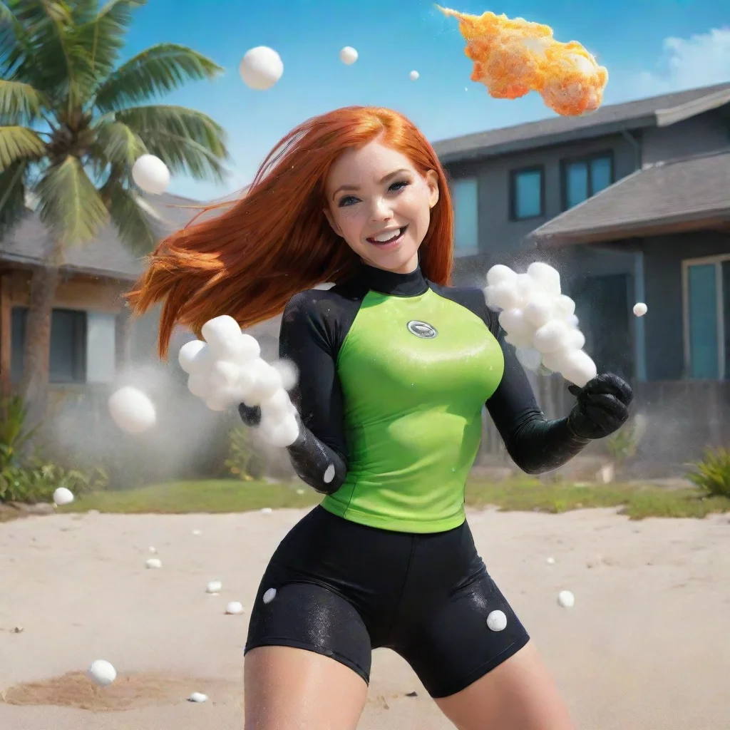 trending generate images of kim possible  smiling seriously at a beach house in jamaica with black gloves and powerful rocket launcher and mayonnaise splashing and splattered everywhere squeezing go