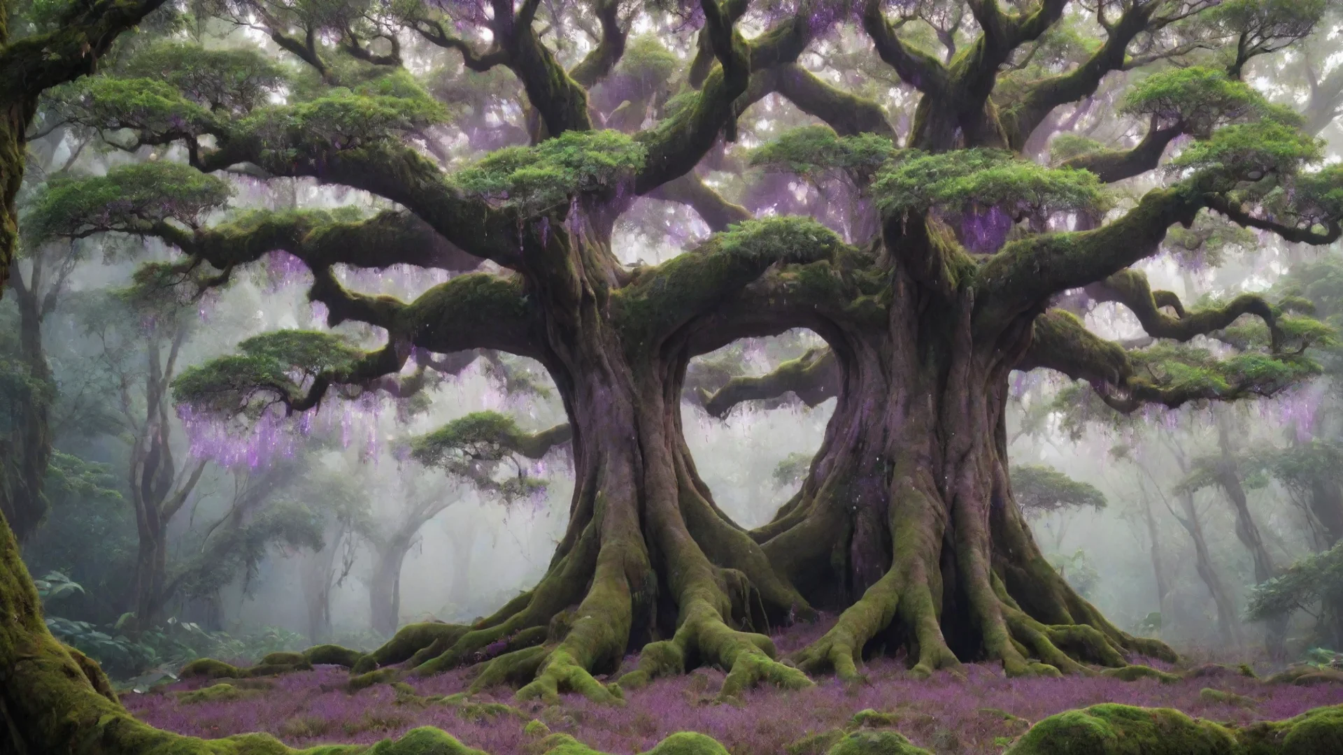aitrending giant magic tree with small purple flying particles around it%2C lush green leaves with lush green moos around it good looking fantastic 1 wide