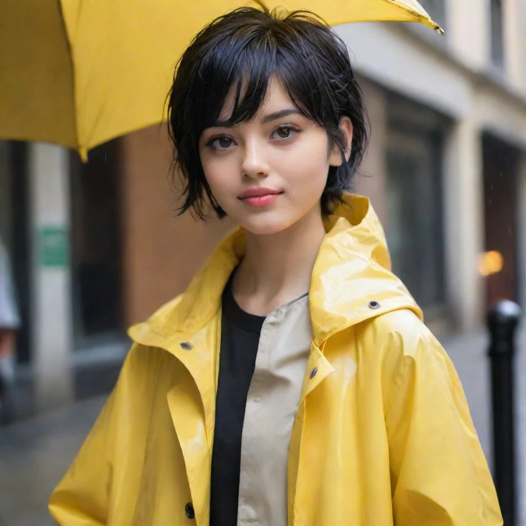 trending girl with short cutted black hair with a yelloe raincoat good looking fantastic 1