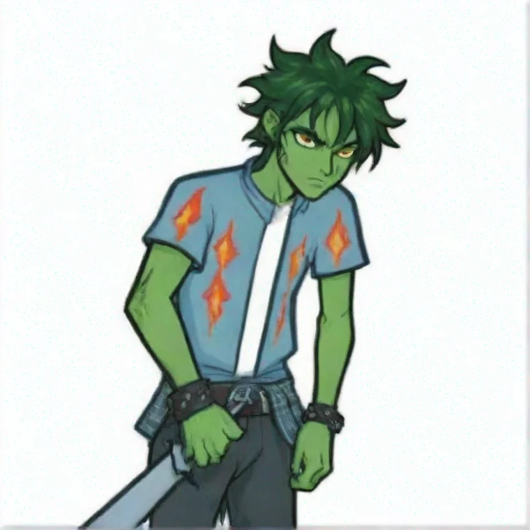 aitrending green skinned man with messy dark greeen hair%2C glowing white eyes%2C light blue flannel with flame pattern%2C hunched over%2C holding diamond sword good looking fantastic 1