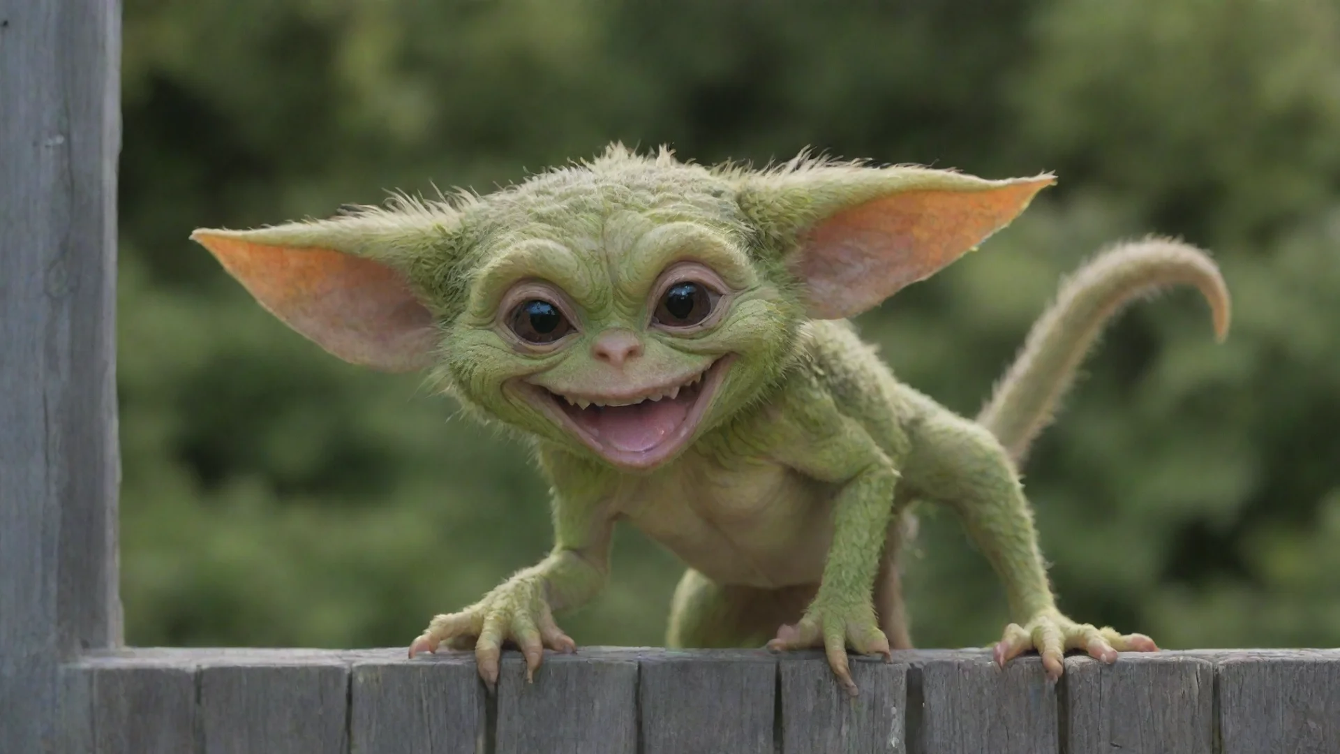 aitrending gremlin sitting on a fence smiling good looking fantastic 1 wide