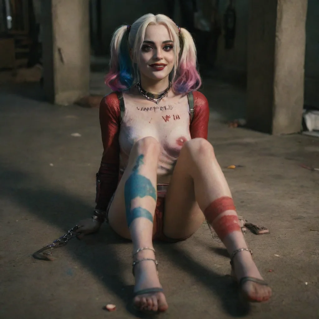 trending harley quinn from the video game suicide squad kill the justice tied barefoot showing her feet from the front where the metatarsalgia of her feet can be seen while her feet are chained and