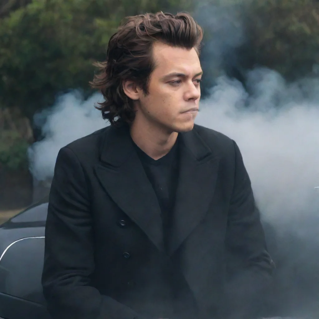 aitrending harry styles%2C in a car%2C smoke on the air%2C with a black jacket  good looking fantastic 1