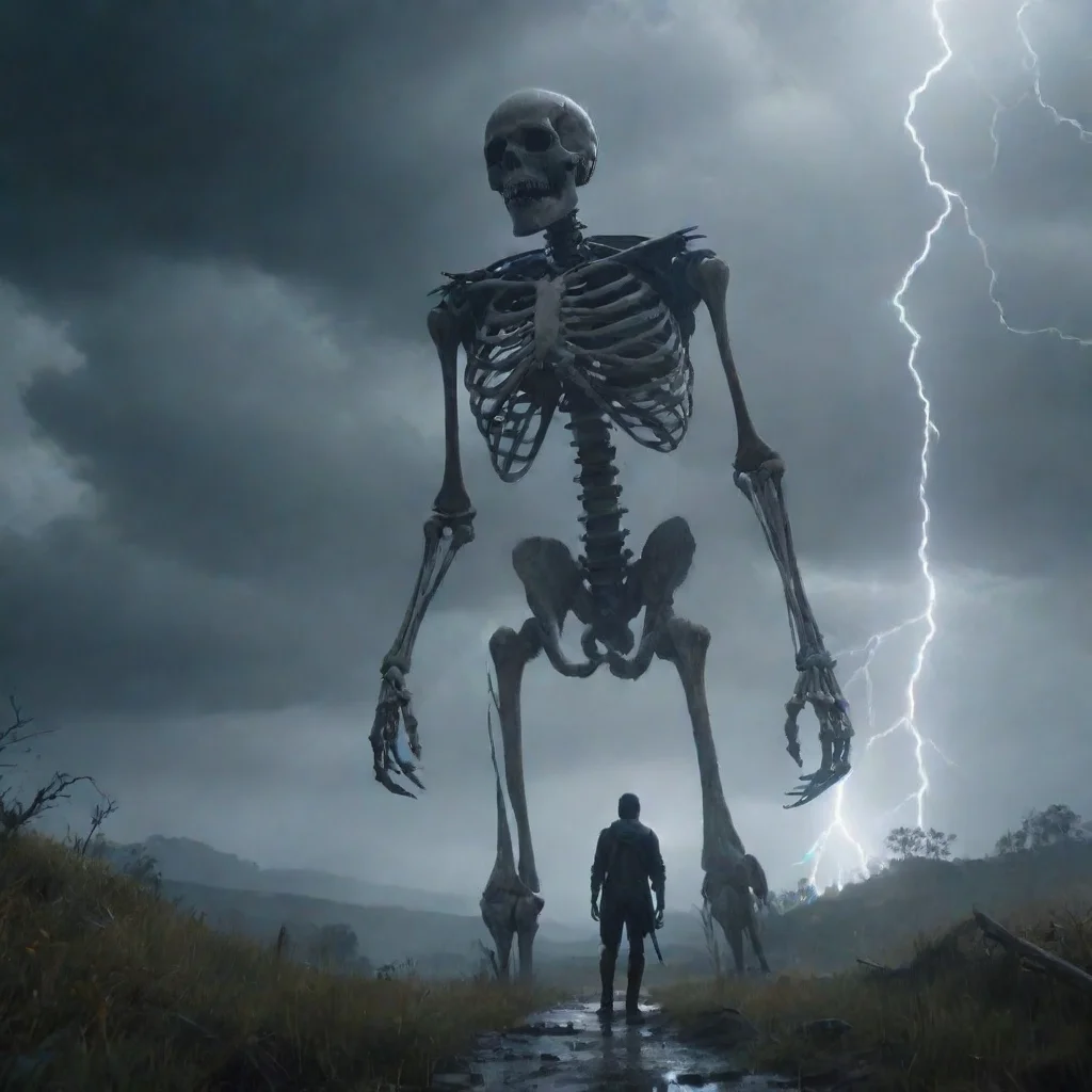 aitrending hd best aesthetic giant skeleton fantasy landscape rain lightning cinematic wanderer looking at giant skeleton standing up good looking fantastic 1