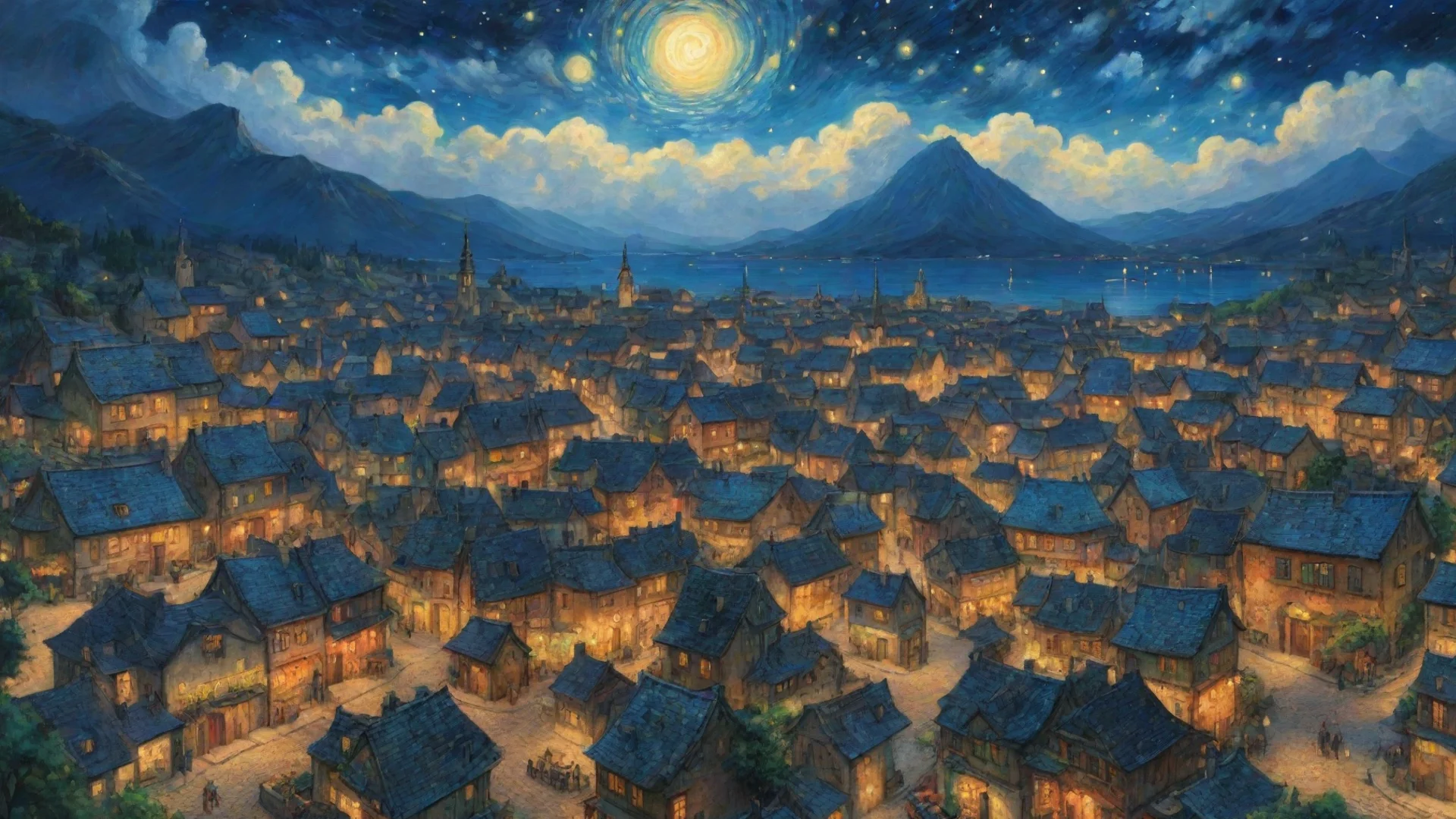 aitrending heavenly epic town lit up at night sky epic lovely artistic ghibli van gogh happyness bliss peace  detailed asthetic hd wow good looking fantastic 1 wide