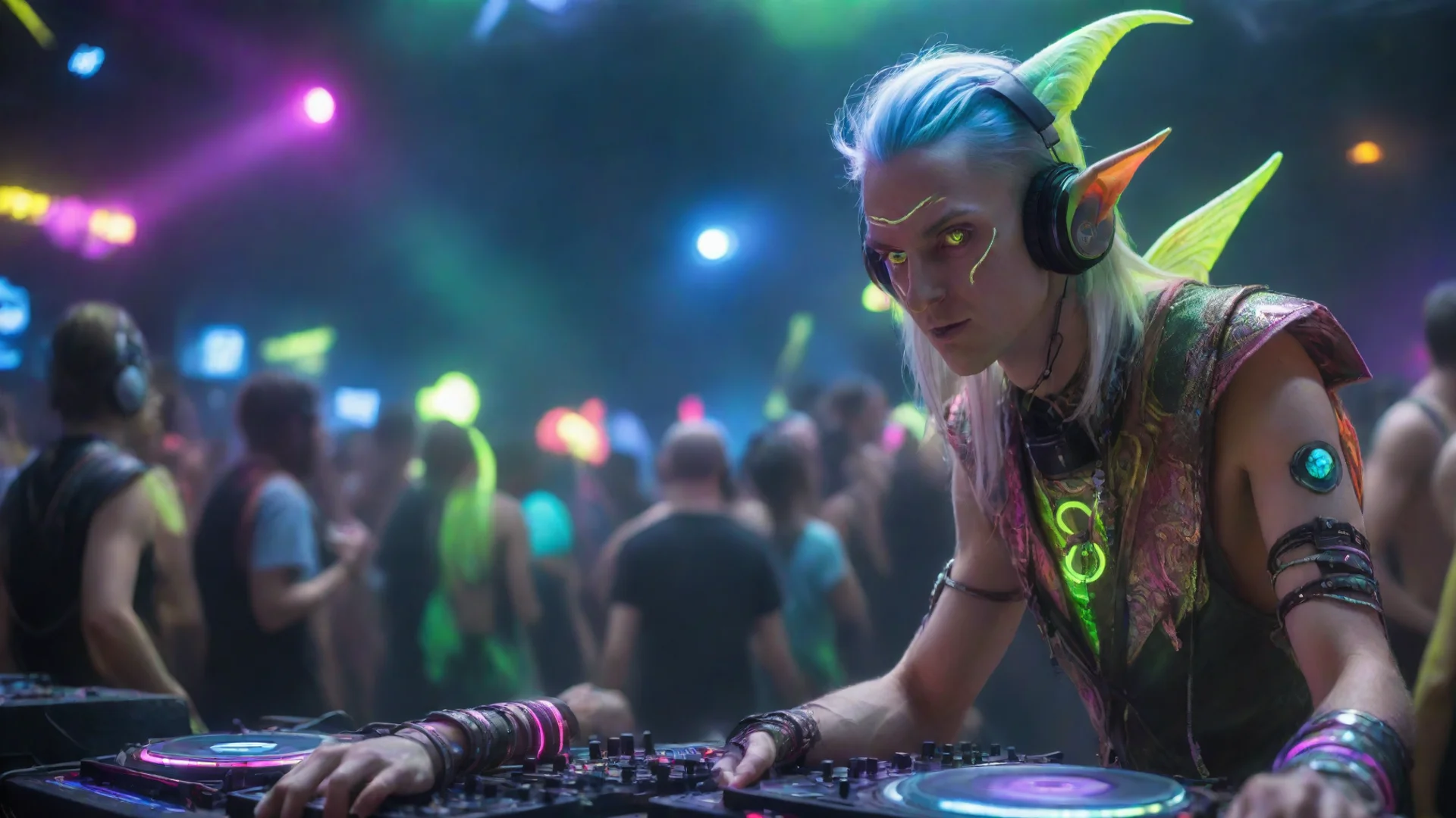 trending high elf dj at a rave with lots of fluorescent elements good looking fantastic 1 wide