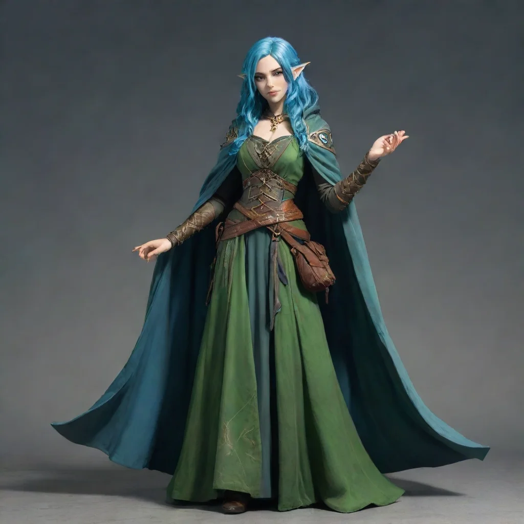 aitrending high elf female bard. blue hair%2C green skin%2C long dress and a cloak good looking fantastic 1