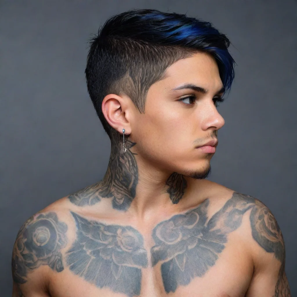 aitrending hispanic boy%2C tattoos%2C earrings on lobes%2C short hair with blue mesh%2C half torso good looking fantastic 1
