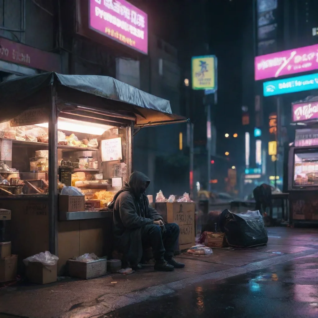 aitrending homeless person in cyberpunk city at night%2C next to a food stand good looking fantastic 1