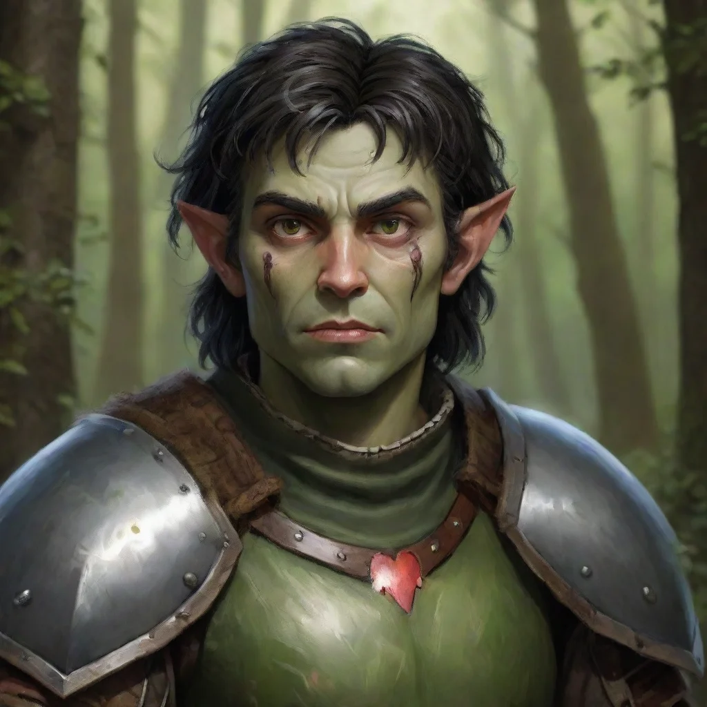 aitrending human gobling%2C with slightly green skin%2C dark hair%2C hazel eyes%2C sharp jawline%2C heart shaped face. dressed in a forrest inspired armor good looking fantastic 1