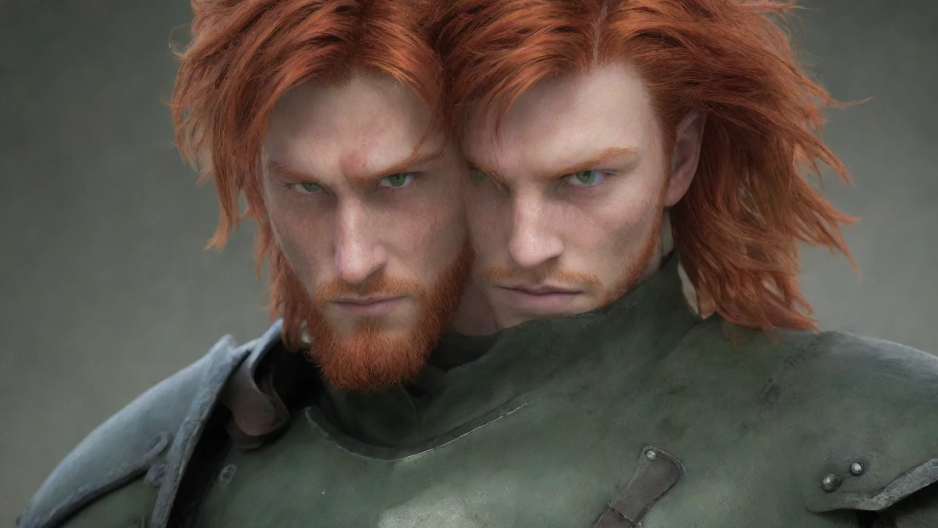 aitrending human male fighter%2C green eyes%2C  red head hair%2C wearing armor%2C eye scar good looking fantastic 1 wide