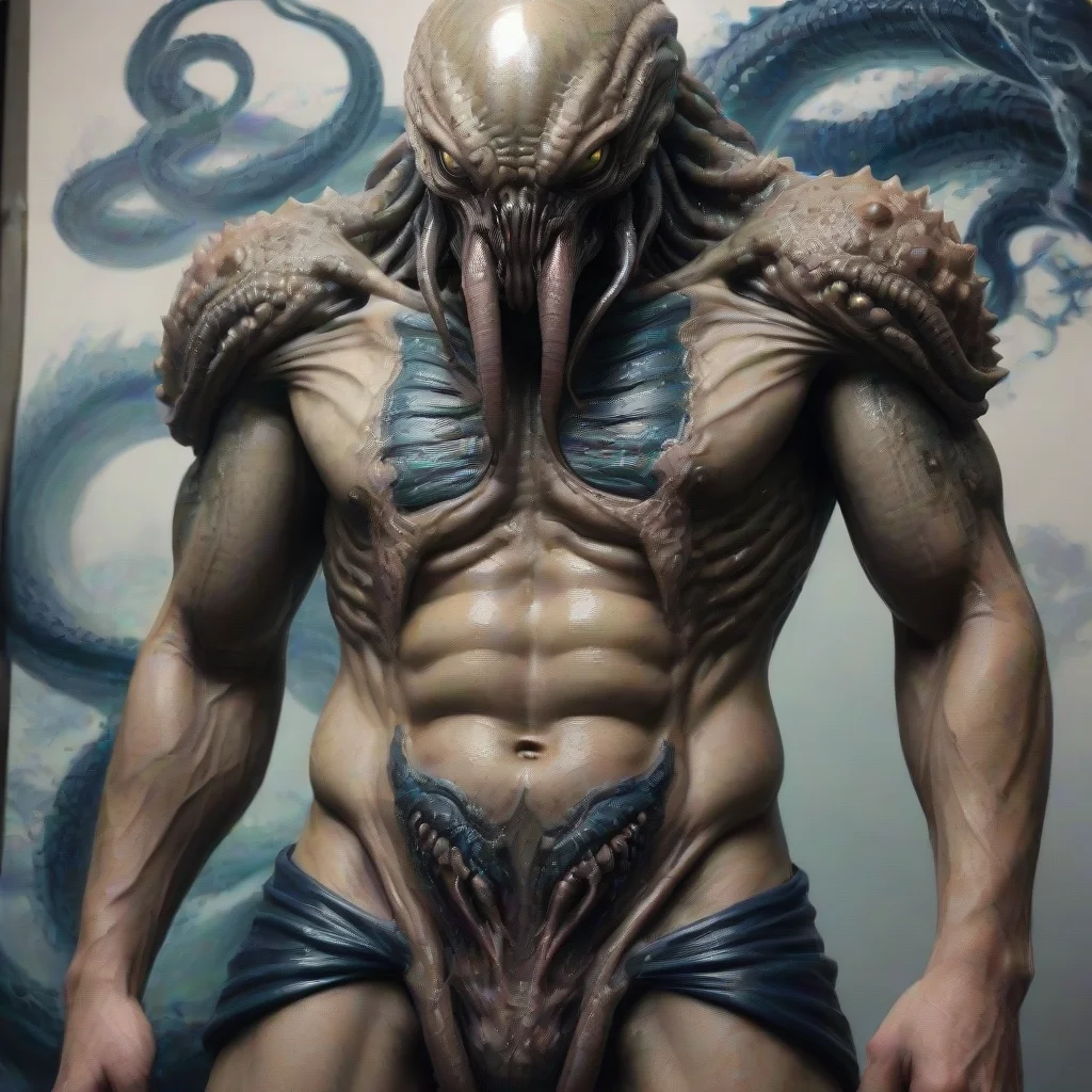 trending hyper realistic epic cthulhu monster xenomorph pelvic floor muscular wet slithery with hokusai tattoos character art zbr good looking fantastic 1