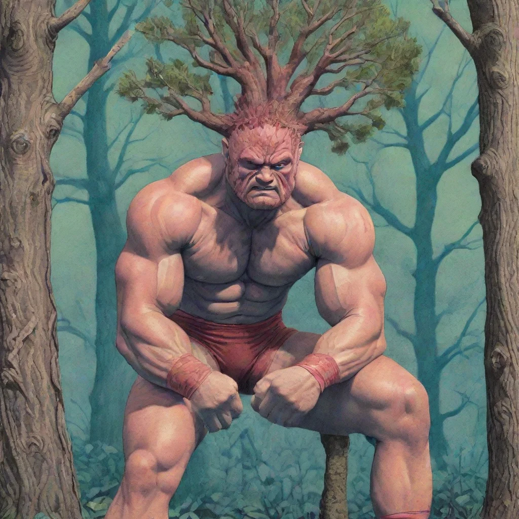 trending hyper realistic tree man pro wrestler with textures in the style of a risograph and surreal and 1970s illustration good looking fantastic 1