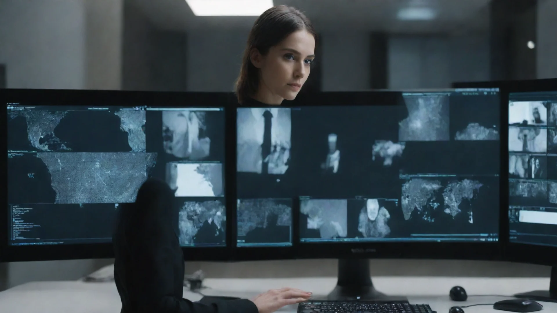 trending image of a multi screen desktop with ai hollowgram images being operated by an lady agent in  a black suit good looking fantastic 1 wide