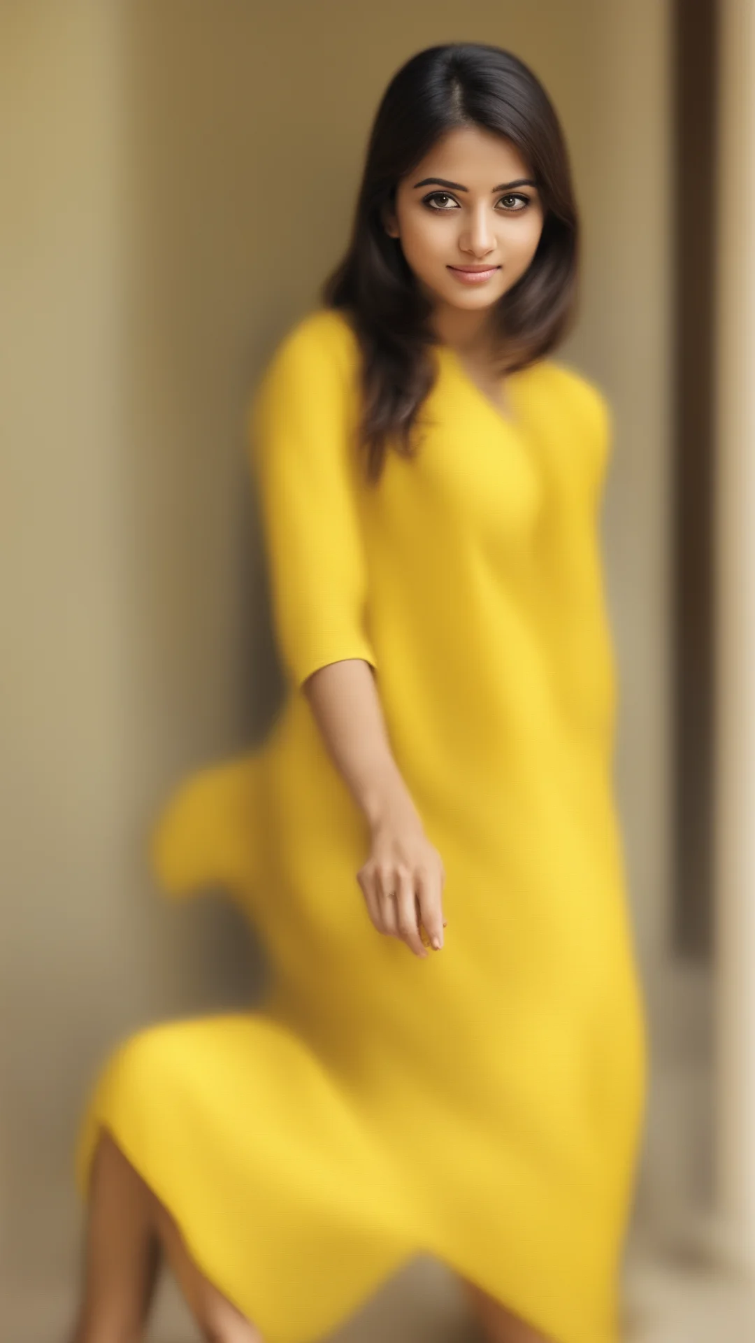 aitrending indian girl wearing cotton yellow kurta and spreading her legs  good looking fantastic 1 tall