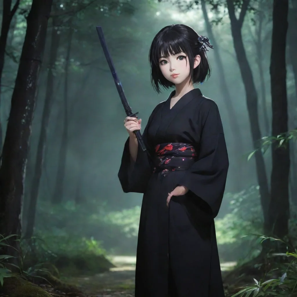 trending japanese anime girl with katana wearing black yukata night forest background good looking fantastic 1