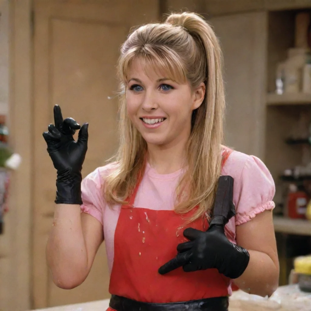 aitrending jodie sweetin as stephanie tanner from full house smiling with black nitrile gloves and gun and mayonnaise splattered everywhere good looking fantastic 1