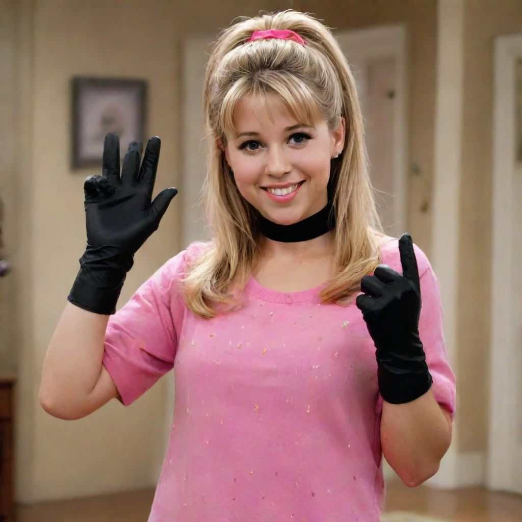 aitrending jodie sweetin as stephanie tanner from full house smiling with black ultra nitrile gloves and gun and mayonnaise splattered everywhere good looking fantastic 1