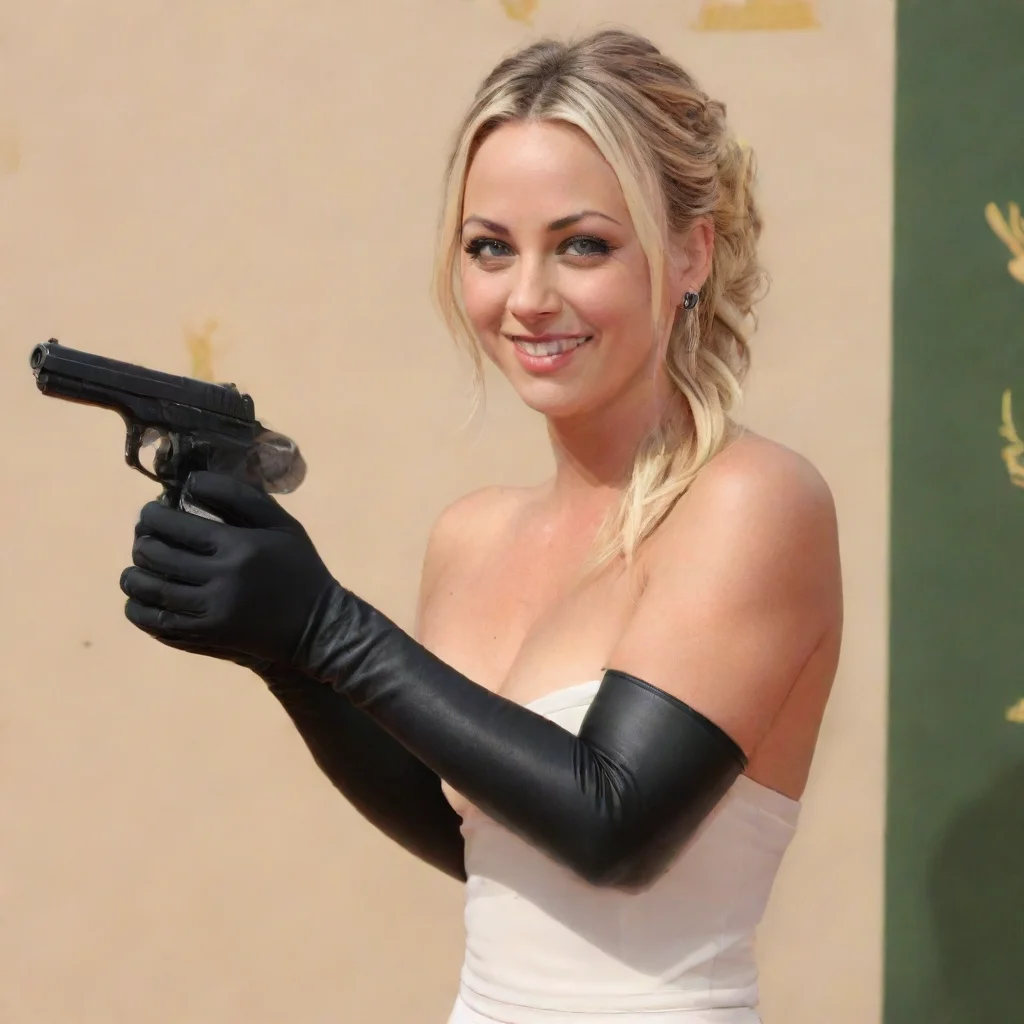 aitrending kaley  cuoco actress smiling at the 2013 emmy awards with   nitrile black gloves firing mayonnaise  at a shooting range with  a  ak 47 good looking fantastic 1