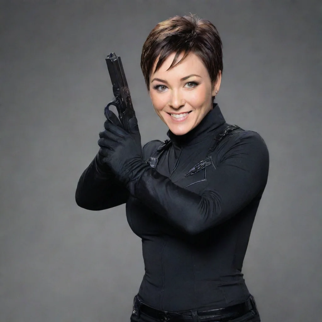 aitrending kim rhodes as carey martin smiling with black gloves and gun  good looking fantastic 1