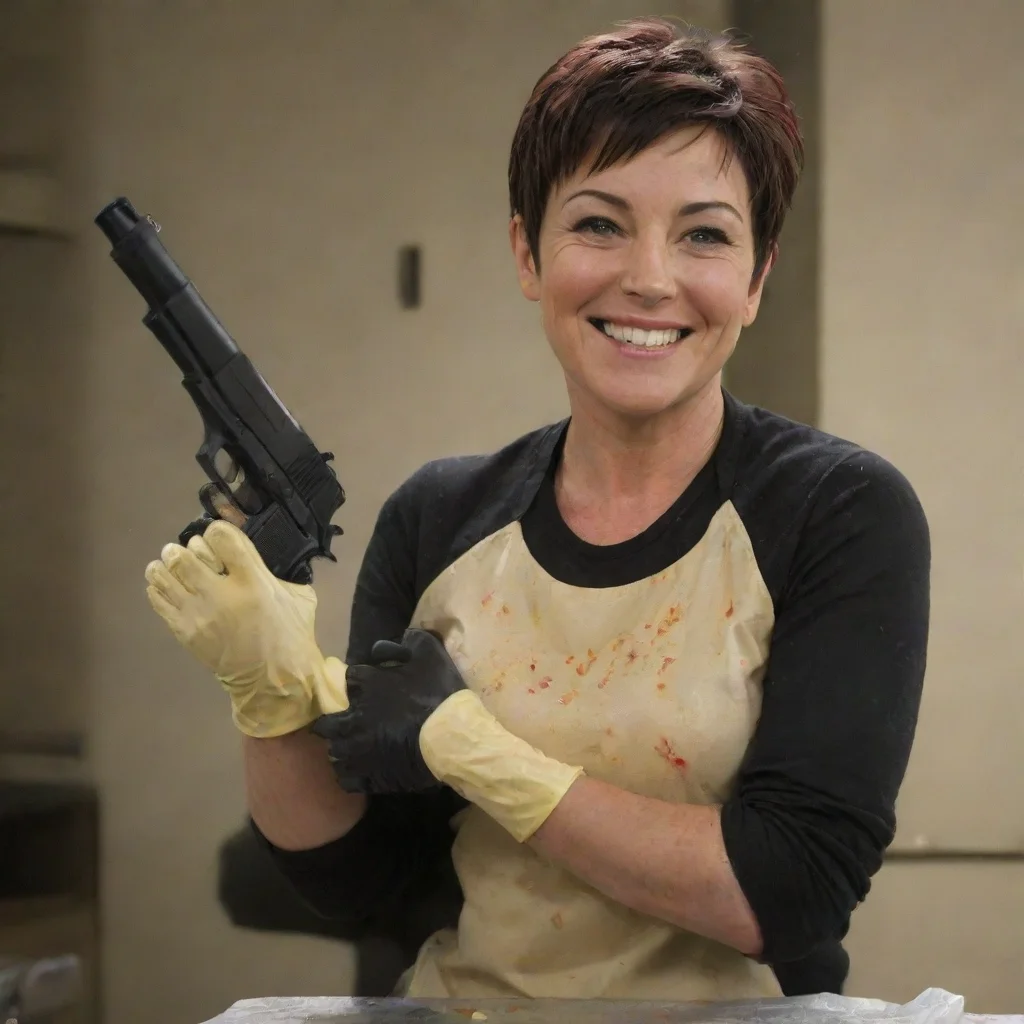 aitrending kim rhodes as carey martin smiling with nitrile gloves and gun and mayonnaise splattered everywhere good looking fantastic 1