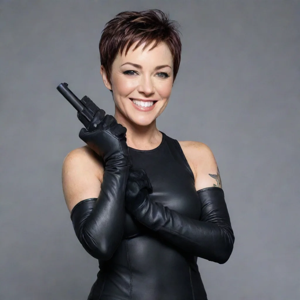 aitrending kim rhodes smiling with black gloves and gun  good looking fantastic 1