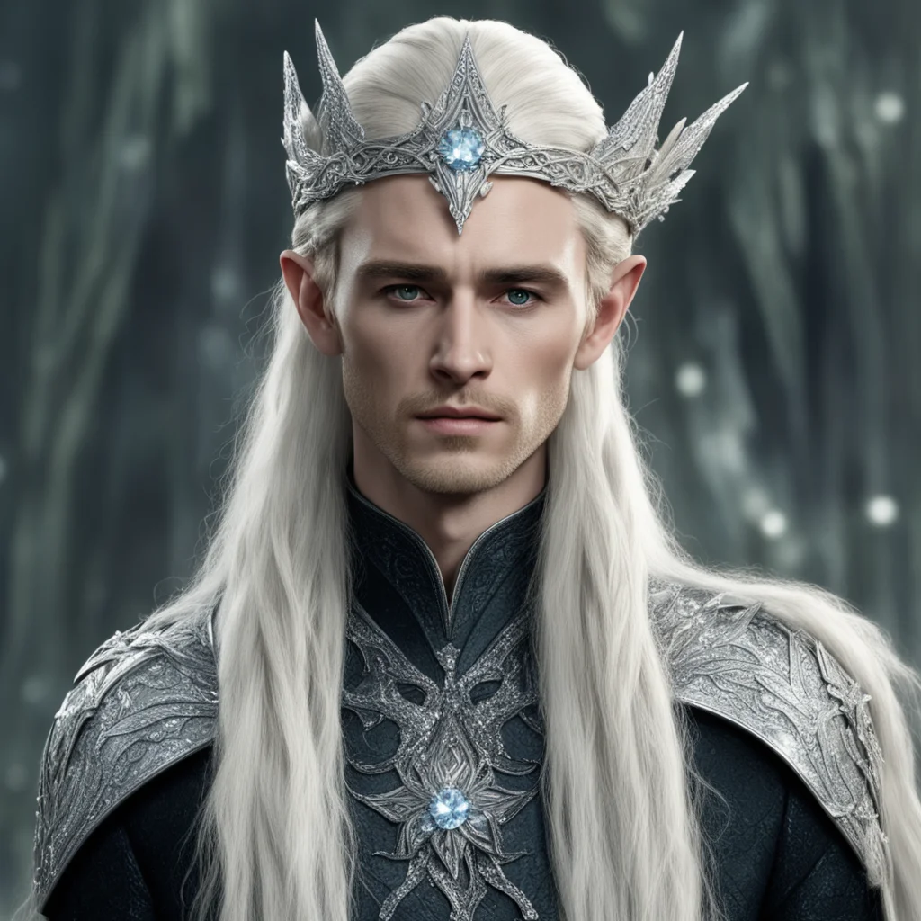 aitrending king thranduil with blond hair and braids wearing silver flower serpentine sindarin elvish circlet encrusted with diamonds with large center diamond  good looking fantastic 1