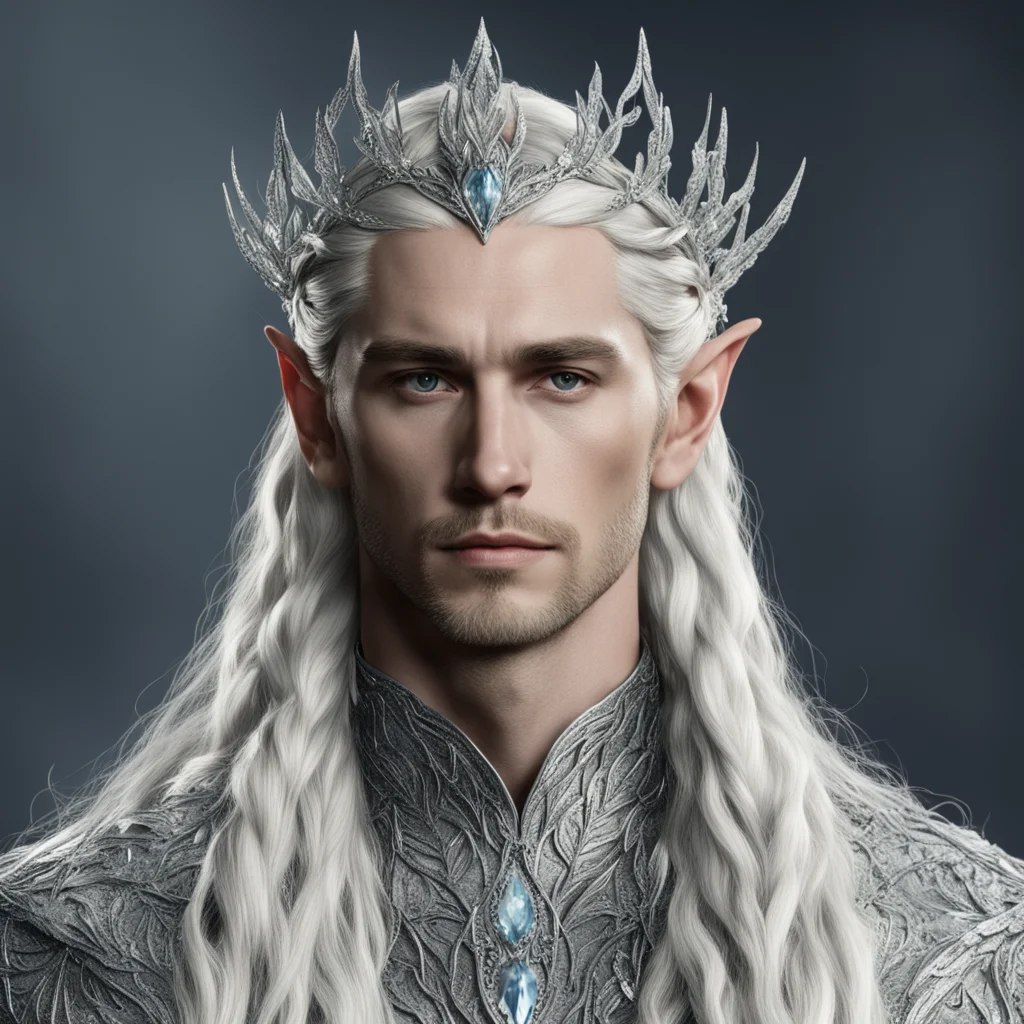 trending king thranduil with blonde hair and braids wearing silver holly leaves encrusted with diamonds with clusters of diamonds forming a silver elvish serpentine circlet with large center diamond