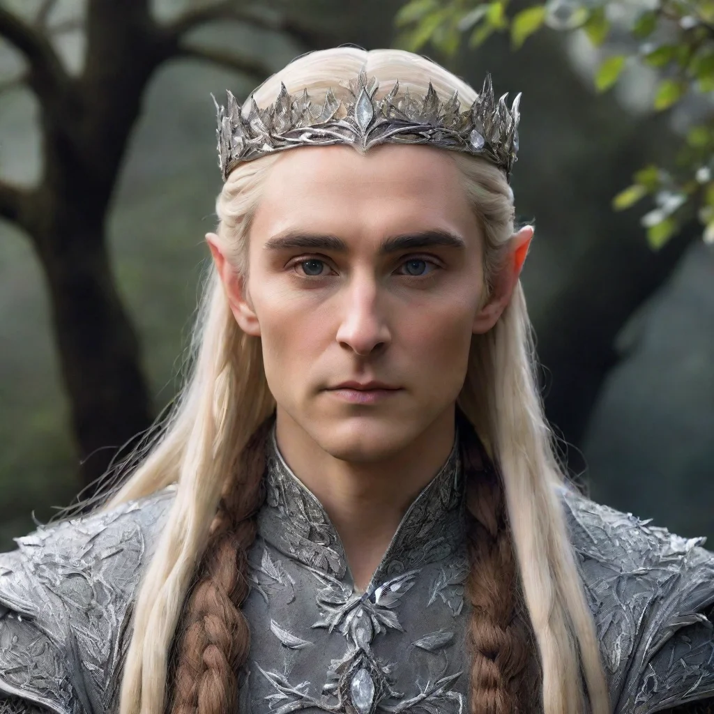 trending king thranduil with blonde hair and braids wearing silver oak leaves encrusted with diamonds to form a silver sindarin elvish circlet encrusted with diamonds with large center diamond good 