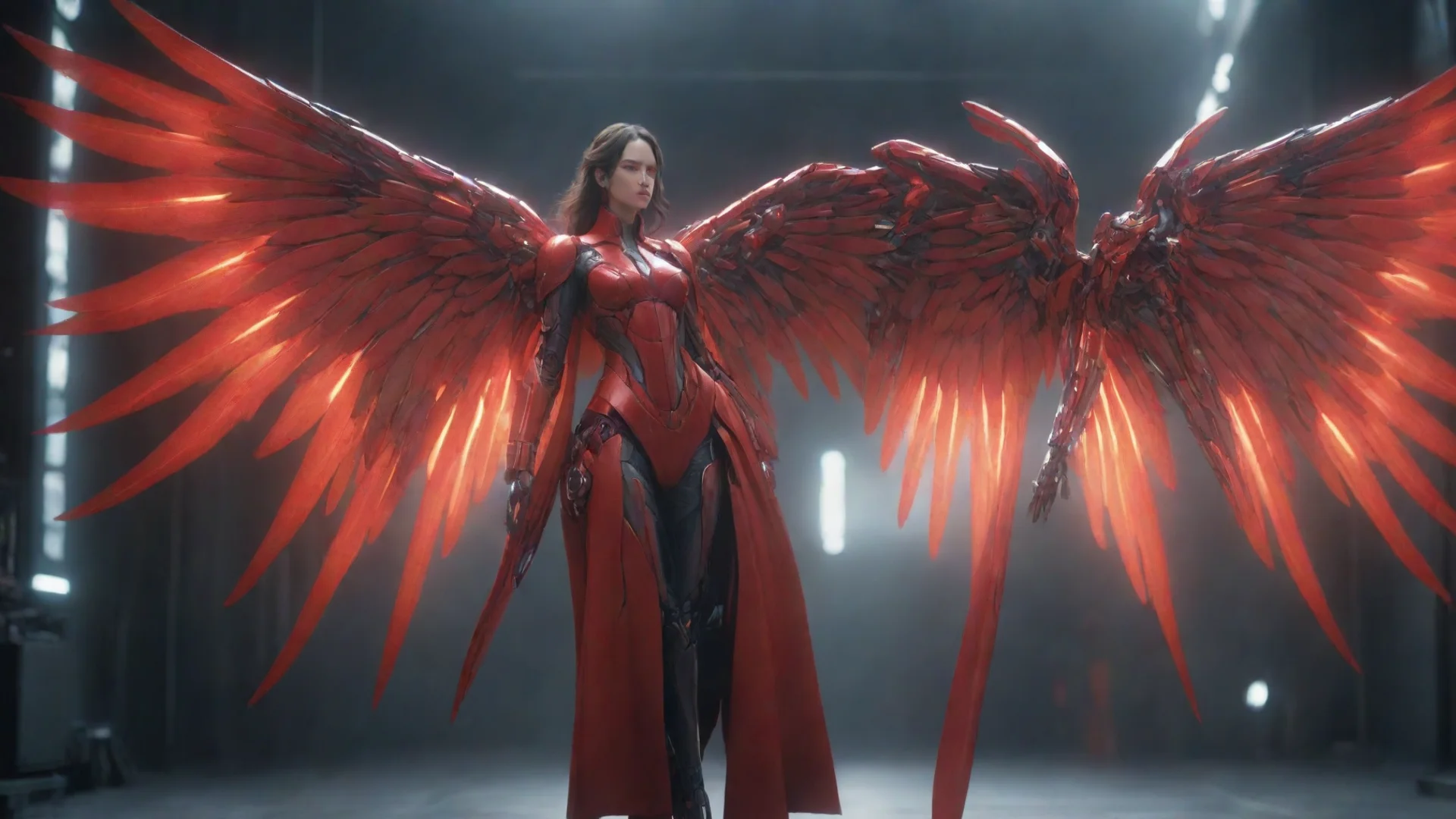 aitrending lady wearing scarlet long coat %2C big cybernetic mecha glowing wings.%2C beautiful%2C female%2C ultrarealistic%2C soft lighting%2C 8k good looking fantastic 1 wide